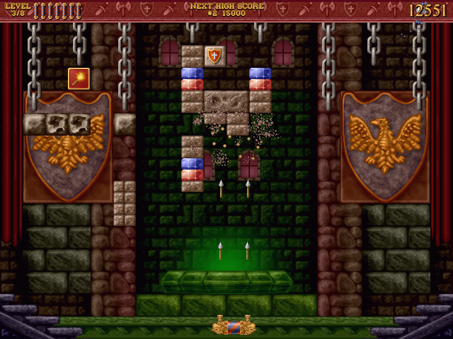 Bricks of Camelot (Windows) screenshot: Castle Level 3 - the arrow gun in action
