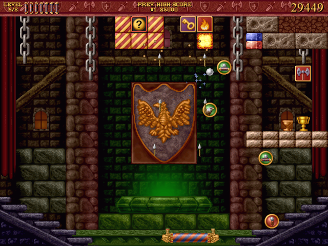 Bricks of Camelot (Windows) screenshot: Castle Level 6 - the key brick will open the item generator ("?") brick on contact