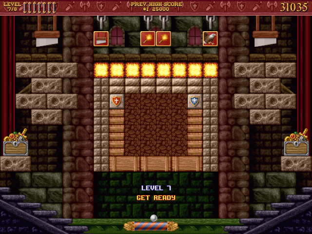 Bricks of Camelot (Windows) screenshot: Castle Level 7 - hit the upper left special brick and the corresponding and the two guillotines will come down