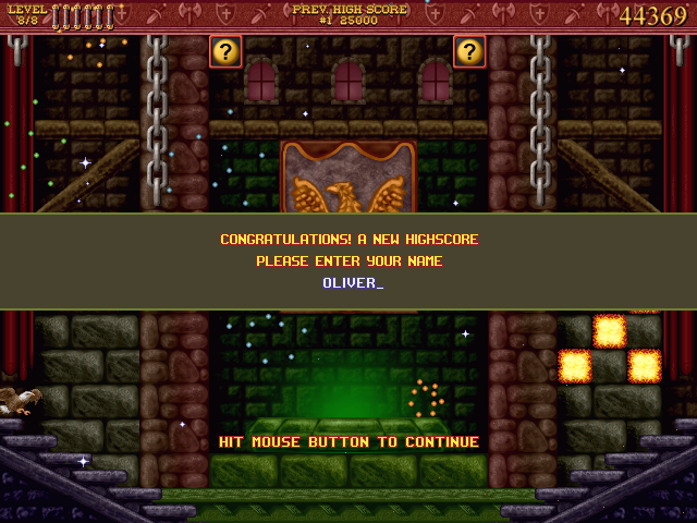 Bricks of Camelot (Windows) screenshot: Castle Level Pack successfully completed, ready for the Highscore