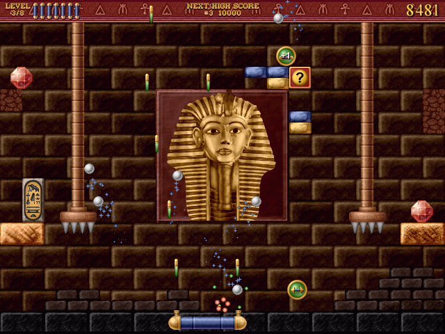 Bricks of Egypt (Windows) screenshot: Level Pack 1 - Level 3 - Gun and Multiball in action