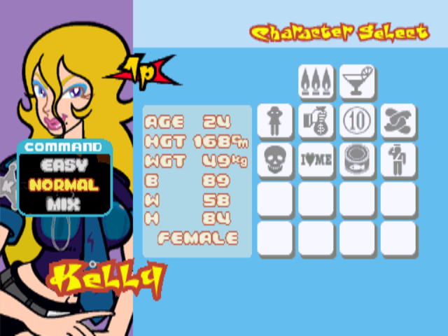 Bust a Groove 2 (PlayStation) screenshot: After you choose your character, you can choose your difficulty level: Easy means playing only with arrows (directional buttons), Normal means only the 4 shaped buttons and Mix have both.