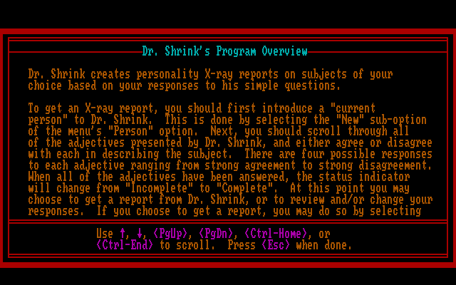 Dr. Shrink (DOS) screenshot: Help / Instructions