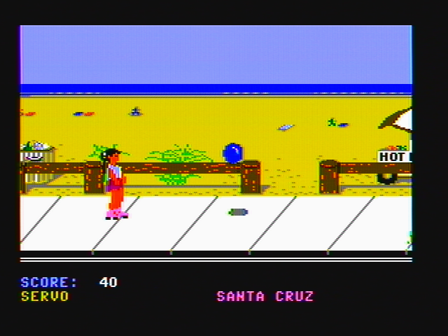 California Games (DOS) screenshot: Skating; avoid that beach ball! (CGA with composite monitor)