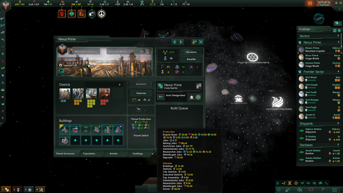 Stellaris (Windows) screenshot: Selecting one of your planets displays what resources it generates and consumes, as well as allowing you to manage it's population, environment and buildings.