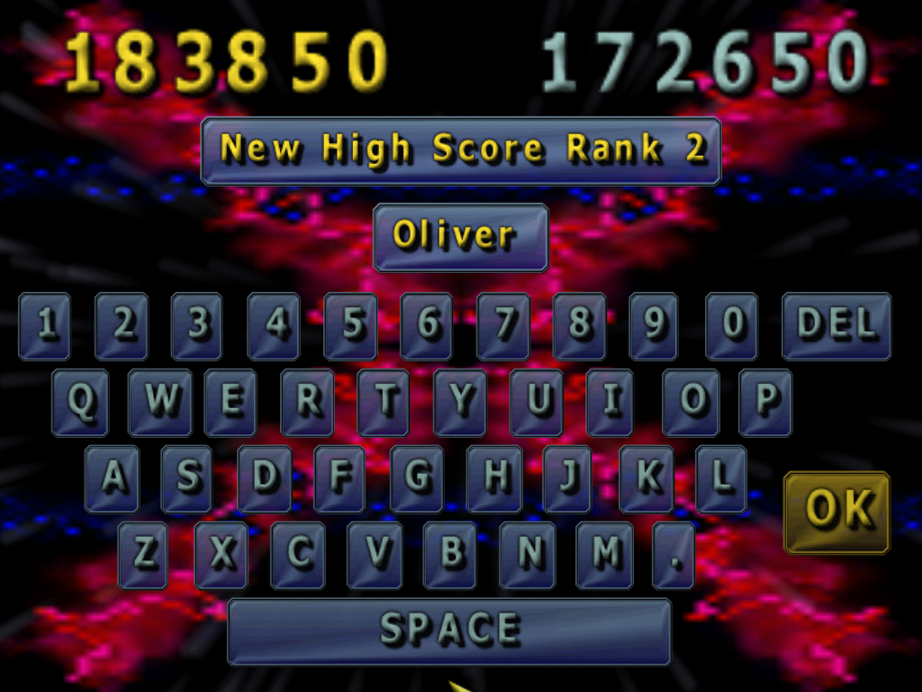 Chromadrome (Windows) screenshot: Entering a name for the highscore. Don't worry, it's possible to use the keyboard normally.