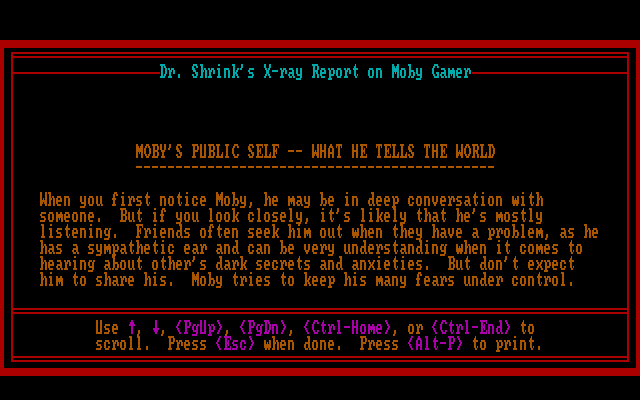 Dr. Shrink (DOS) screenshot: Report - pg 2 - the report is displayed in seven text sections, ranging from public to private areas, based on the selections you made earlier.