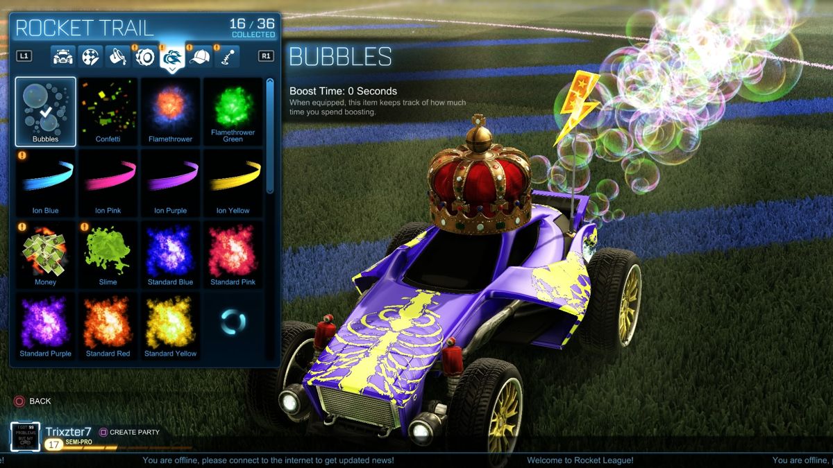 Rocket League (PlayStation 4) screenshot: and here you can choose what kind of Rocket Trail you want to show when you boost in the game. Many options including bubbles, stars and money!