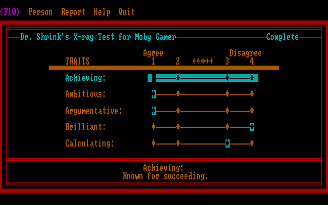 Dr. Shrink (DOS) screenshot: Fill in all personality traits in a multi-page list - these will be the base for the report.