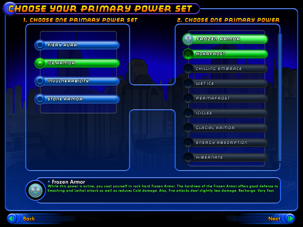 City of Heroes (Windows) screenshot: Each Archetype has a Primary powerset and a Secondary powerset. You get Primary powers more frequently as you level up, and you get to choose one of two primary powers for new characters.
