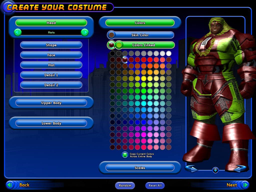 City of Heroes (Windows) screenshot: If you're having trouble coming up with a costume concept, just hit the Random button a few times...