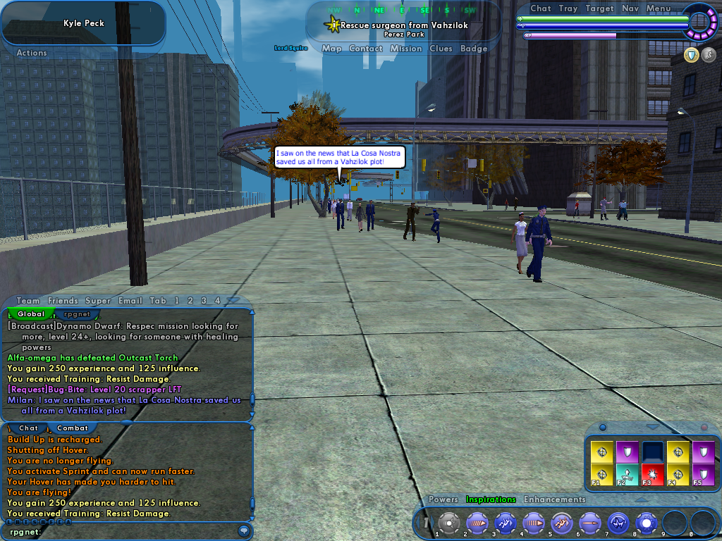 City of Heroes (Windows) screenshot: As you complete missions, word gets around about how great you are. People on the street talk about your latest exploits.