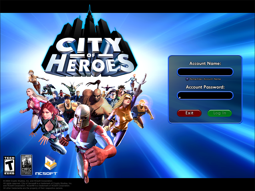 City of Heroes (Windows) screenshot: Log-in screen