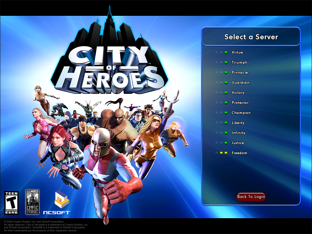 City of Heroes (Windows) screenshot: Server selection screen