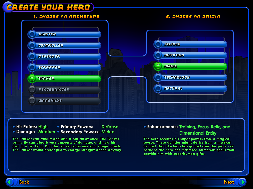 City of Heroes (Windows) screenshot: There are five basic archetypes, and five origins. We'll pick a Magic Tanker to demonstrate the character creation section.