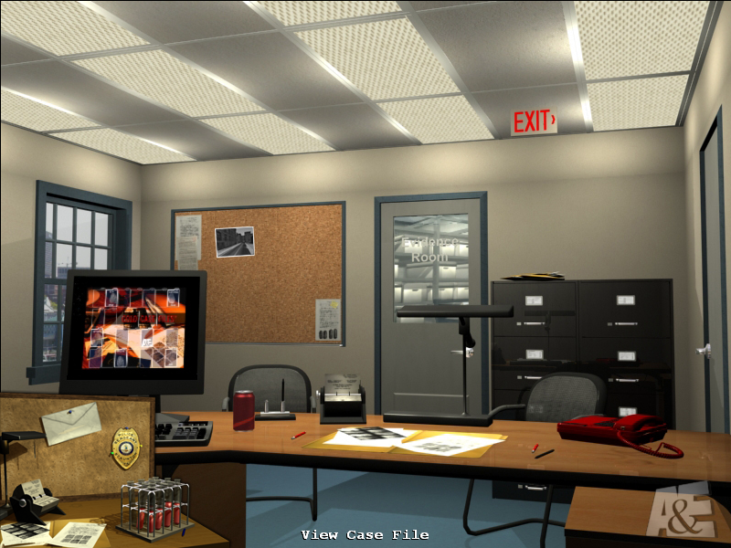 Cold Case Files (Windows) screenshot: Your office. Here, you can access the case file, call people, use the bulletin board to travel to locations, or visit the evidence room