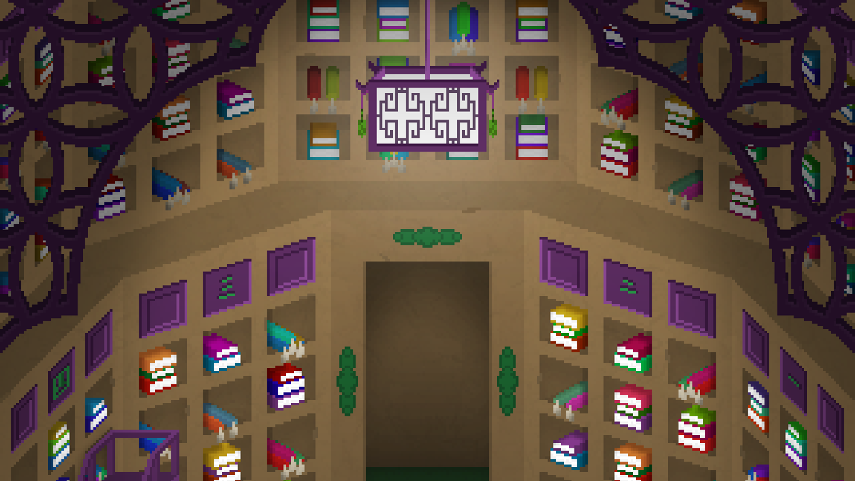 Detective Di: The Silk Rose Murders (Windows) screenshot: The imperial library. In this case I don't really appreciate the choice of colours, it looks artificial - particularly the lower part of the room.