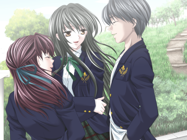 Crescendo (Windows) screenshot: Ryo walks home with Kaho and Kyoko.