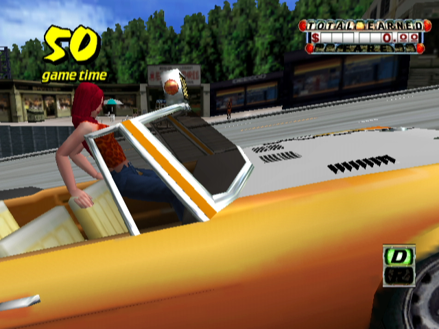 Crazy Taxi (GameCube) screenshot: Gina slides into the driver's seat.