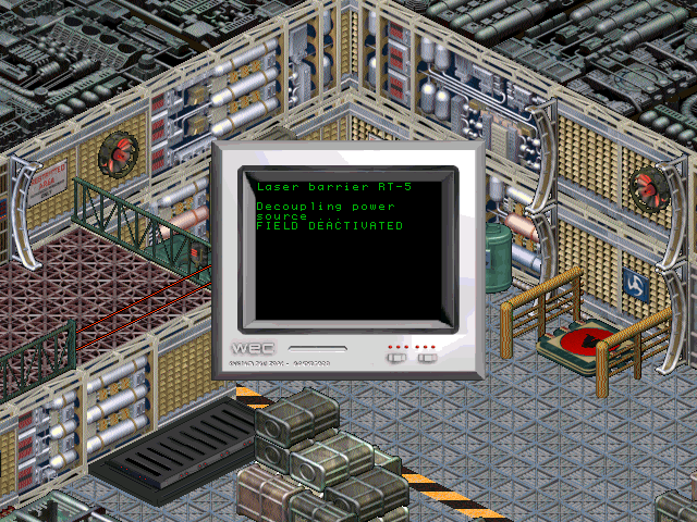Crusader: No Regret (DOS) screenshot: Use the computers to deactivate force fields and open doors.