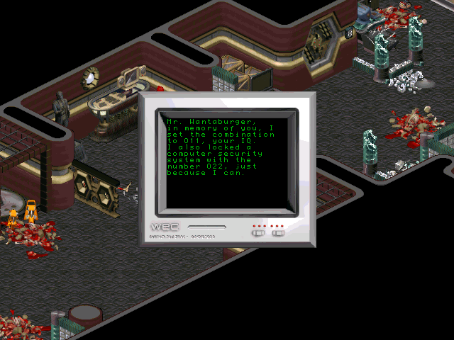 Crusader: No Regret (DOS) screenshot: Terminals provides codes to the safes and locked doors.