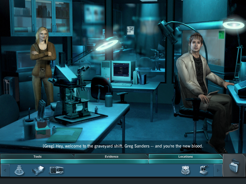 CSI: Crime Scene Investigation - Dark Motives (Windows) screenshot: Meet the lab technician... he'll set you up with information about any evidence you collect
