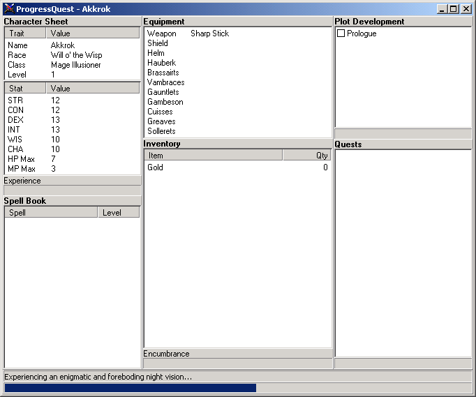 Progress Quest (Windows) screenshot: Prelude - game opening