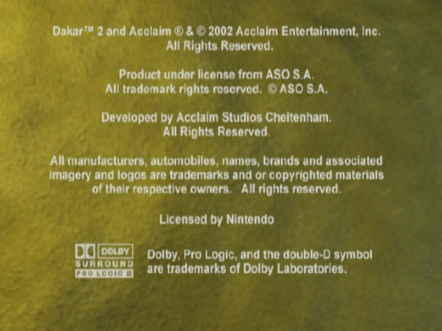 Dakar 2: The World's Ultimate Rally (GameCube) screenshot: Copyright Screen