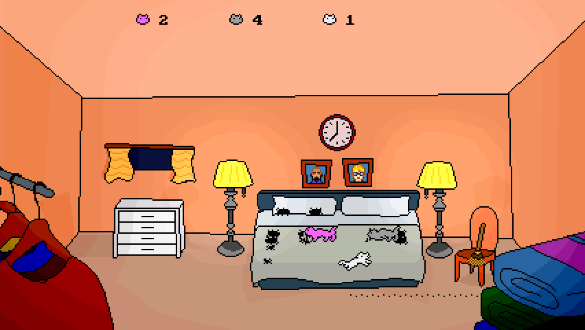 Alley Cat: Remeow Edition (Windows) screenshot: Three cats ripping up the bedclothes.