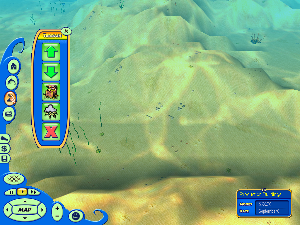 Atlantis Underwater Tycoon (Windows) screenshot: Besides building things, you can terraform the ocean floor, dig for treasure, or create disasters