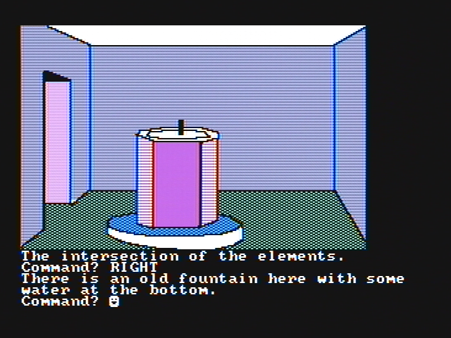 The Demon's Forge (PC Booter) screenshot: Examining a fountain with some water at the bottom. (CGA with composite monitor)