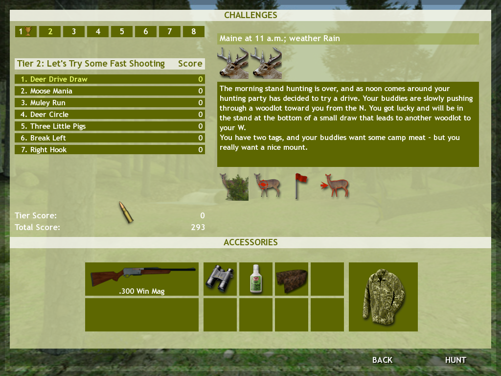 Hunting Unlimited 3 (Windows) screenshot: Challenge mode - Work through the tiers by completing the challenges in each