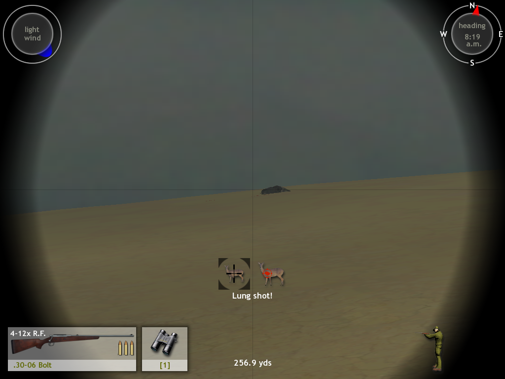 Hunting Unlimited 3 (Windows) screenshot: Getting that perfect shot displays any pertaining information (lung shot, and distance shot from this example)