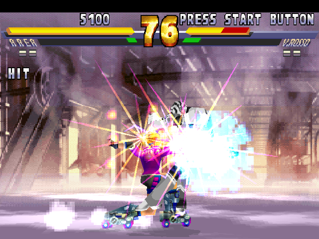 Street Fighter EX2 Plus (PlayStation) screenshot: During the Super Combo Great Cancer, Area uses her engaged machine gun to multi-hit the opponents.
