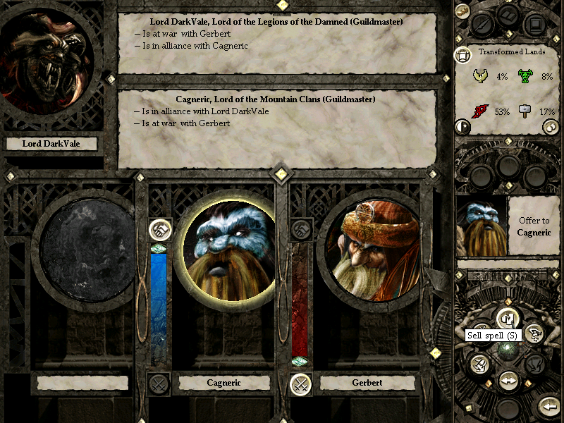 Disciples II: Dark Prophecy (Windows) screenshot: The diplomacy screen offers various information on your diplomatic status with other players as well as diplomatic actions such as offering or breaking an alliance, trading gold, spells or items.
