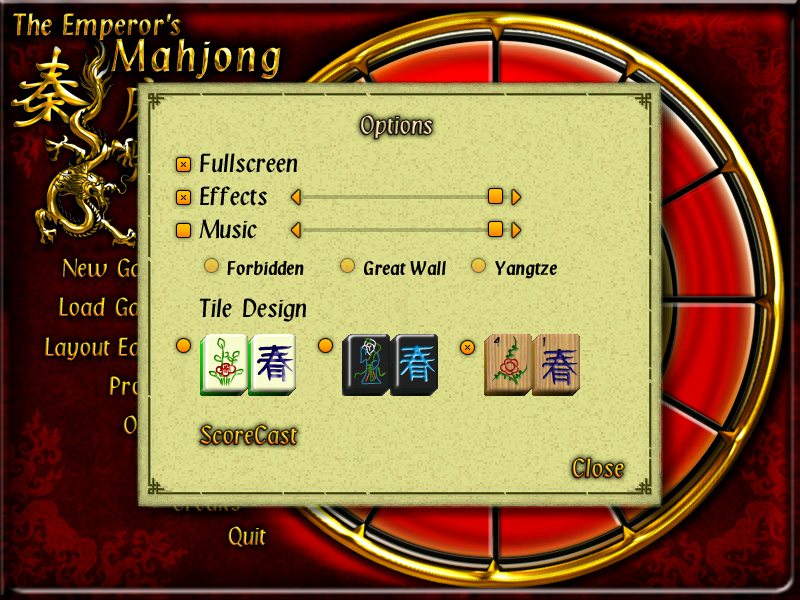 The Emperor's Mahjong (Windows) screenshot: Various options that you can choose include tilesets and music