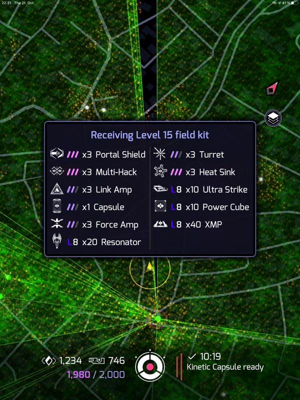 Ingress Prime (iPad) screenshot: After each level-up you'll get a nice package of items.