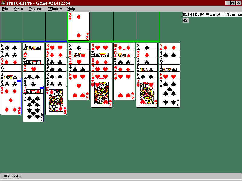 FreeCell Pro (Windows) screenshot: But winnable with 3