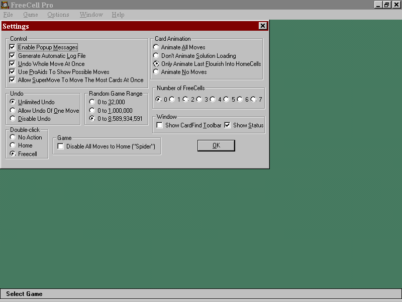 FreeCell Pro (Windows) screenshot: Options Screen