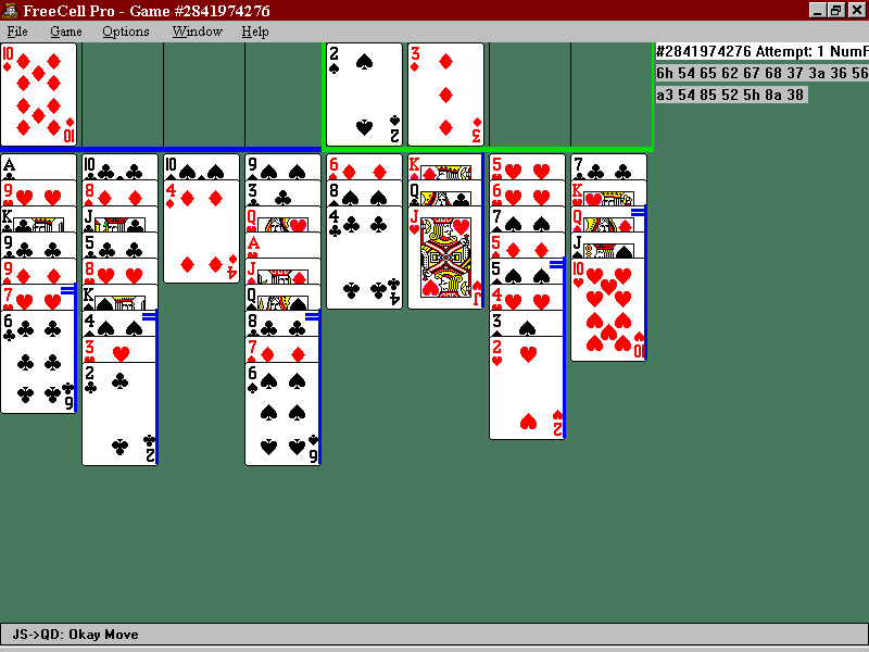 FreeCell Pro (Windows) screenshot: Build a new sequence in the former free column