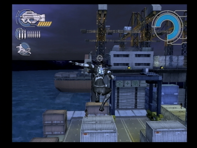 Ghost in the Shell: Stand Alone Complex (PlayStation 2) screenshot: Kusunagi leaps through the air...