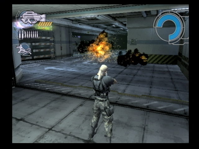 Ghost in the Shell: Stand Alone Complex (PlayStation 2) screenshot: Batou blows up a security robot