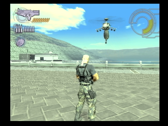 Ghost in the Shell: Stand Alone Complex (PlayStation 2) screenshot: That's a really big anti-tank helicopter you'll have to fight!