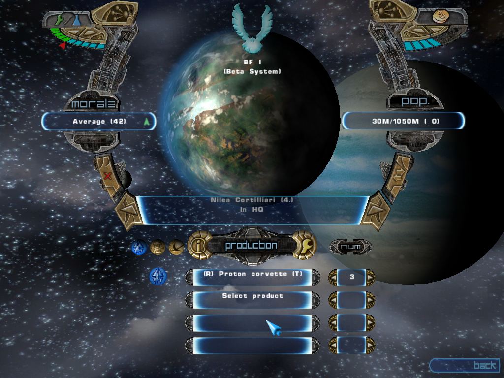 Hegemonia: Legions of Iron (Windows) screenshot: If you control a planet or moon, you can build ships and bases from it in the production manager.
