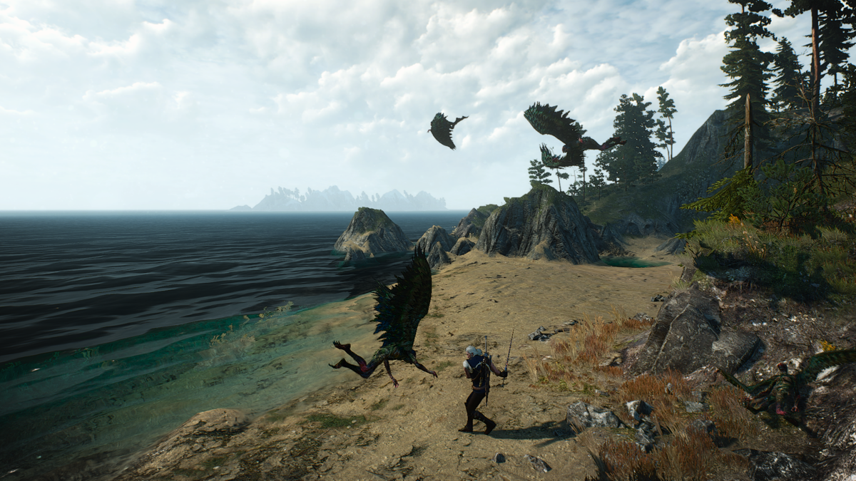 The Witcher 3: Wild Hunt (Windows) screenshot: Skellige islands - fighting harpies (cinematic camera)