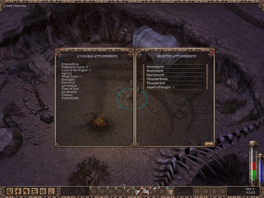 Heretic Kingdoms: The Inquisition (Windows) screenshot: When you rest at a campfire, or other location, you can change what attunments you have active