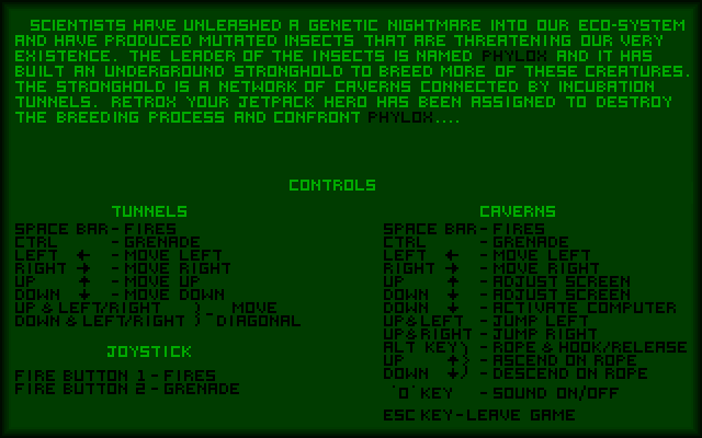 Phylox (DOS) screenshot: The instructions option from the menu gives the back story and the action keys. The keys are used in the tunnels differ from those used in the breeding caverns