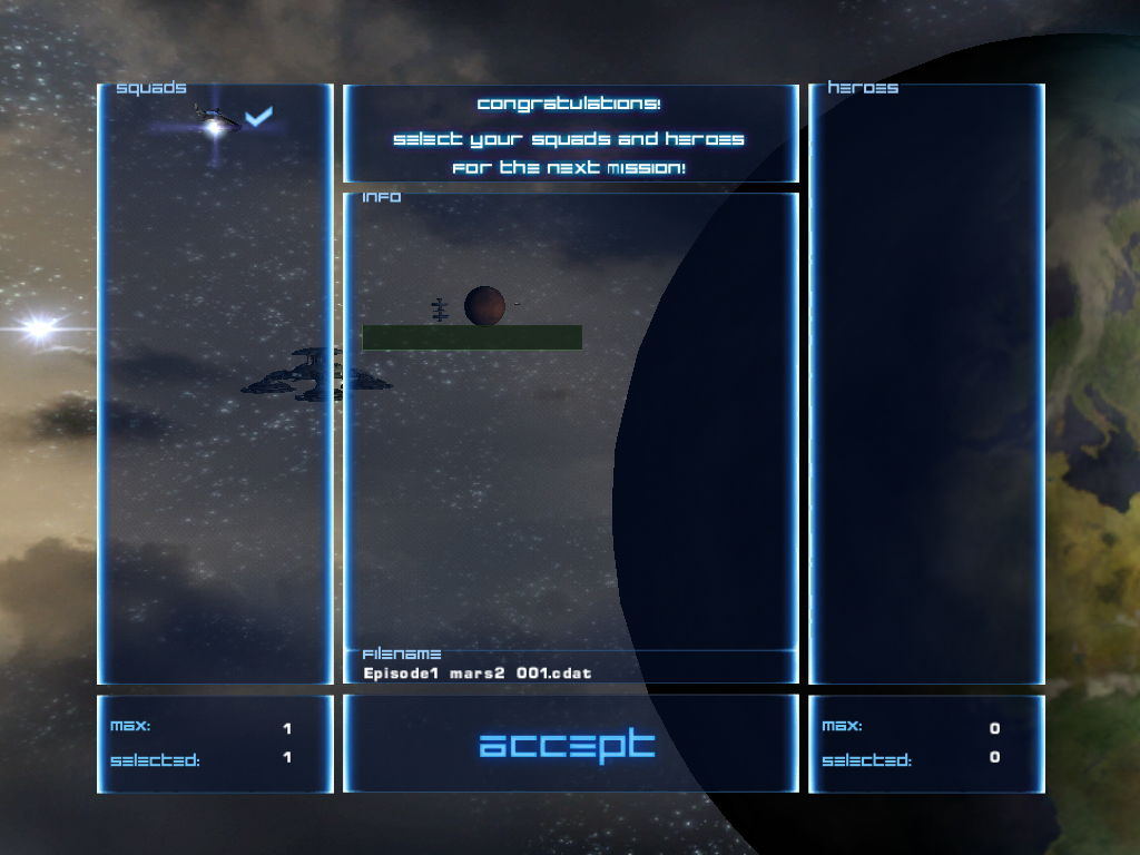 Hegemonia: Legions of Iron (Windows) screenshot: When you complete a mission, you can bring a certain number of fleets and heroes into the next mission... choose wisely.