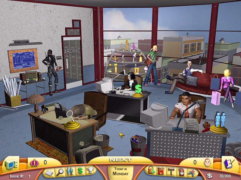 Tabloid Tycoon (Windows) screenshot: This is the main screen. From here, you have complete control over your tabloid from 10 different "hot spots"