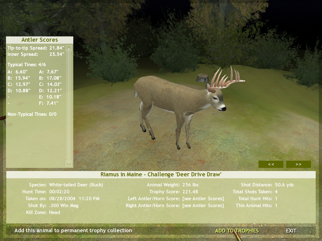 Hunting Unlimited 3 (Windows) screenshot: Here's another view in the trophy "room" showing how deer antler information is displayed
